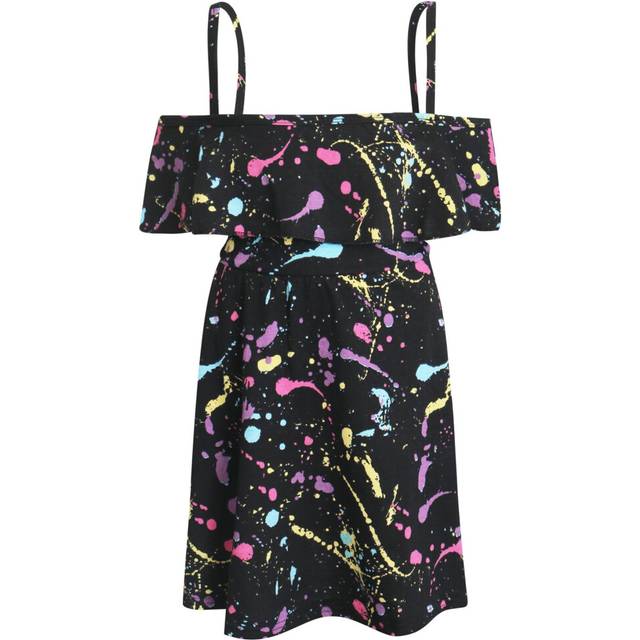 (11-12 Years, Off Shoulder Dress) Kids Girls Off Shoulder Dress Pastel Splash Dress