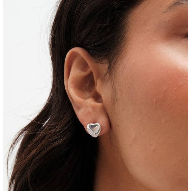 Sterling Silver 925 Polished and Pave Heart Stud Earrings - One Size