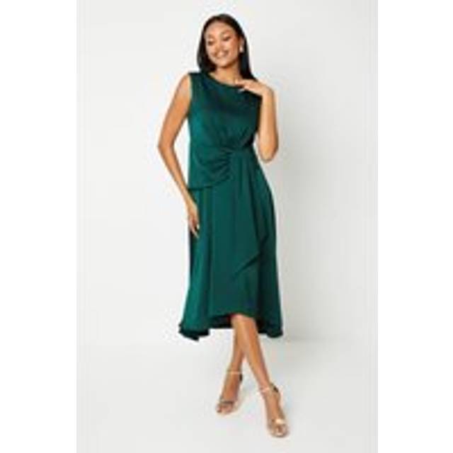 Sash Front Drape Skirt Satin Midi Dress - Green - 10