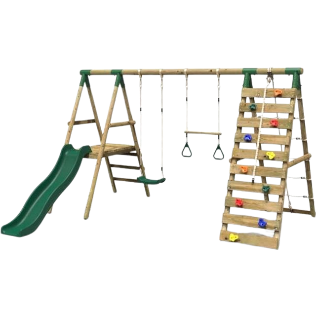 Wooden Swing Set with Deck and Slide plus Up and Over Climbing Wall - Jasper Green - Rebo