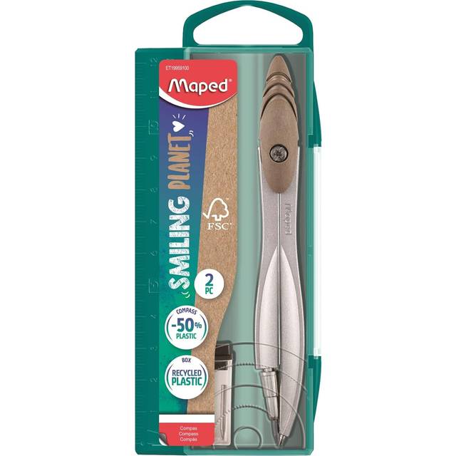 Maped - Study Smiling Planet Mine Compass Box - Den ansvarsfulla kompassen - ringavdragare gjord av 50% FSC-certifierade träfibrer - Metallgrenar - Från 10 år