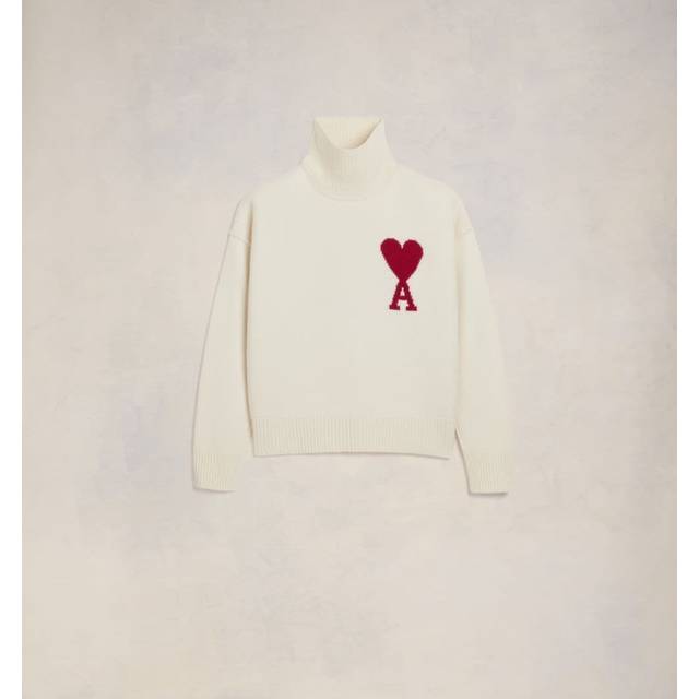 AMI Paris Off-White Wool Ami de Coeur Turtleneck - 154 OFF-WHITE/RED - L