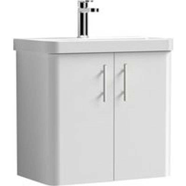 Curve Wall Hung 2 Door Vanity Basin Unit - 600mm - Gloss White with Chrome Knurled Bar Handles (Tap Not Included)