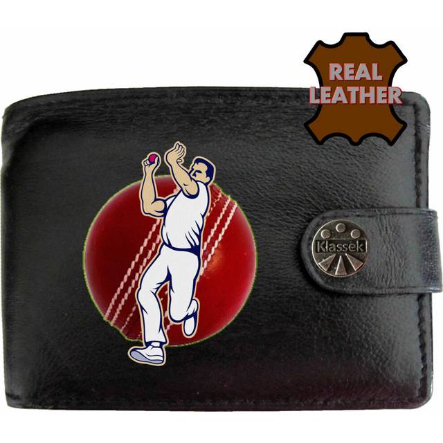(Standard) Cricket bowler Bowlling Red Ball Mens Wallet Chain Leather Coin Pocket Klassek RFID Blocking Credit Card Slots and Metal Gift Box