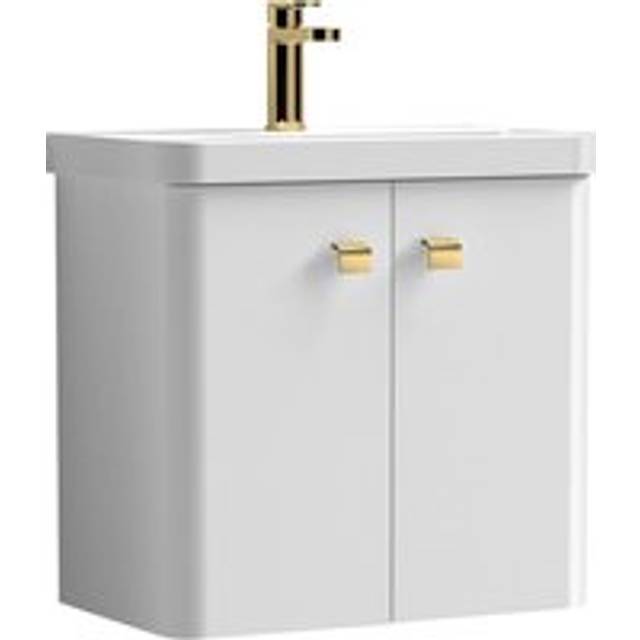 Curve Wall Hung 2 Door Vanity Basin Unit - 600mm - Gloss White with Brushed Brass Drop Handles (Tap Not Included)