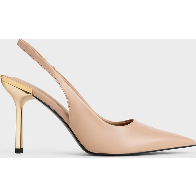 Charles & Keith - Metallic-Heel Pointed-Toe Slingback Pumps - Nude - UK 3