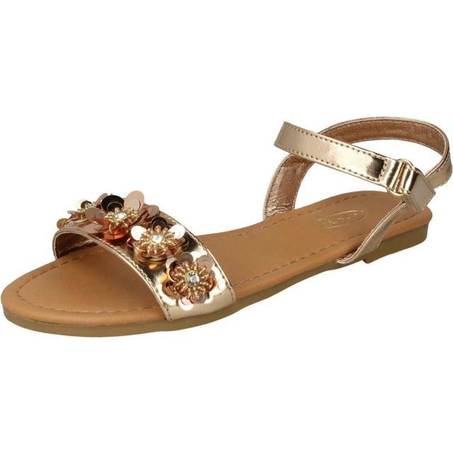 (UK 1 Child, Rose Gold (Gold)) Girls Spot On Sequin Flower Trim Sandals H0270