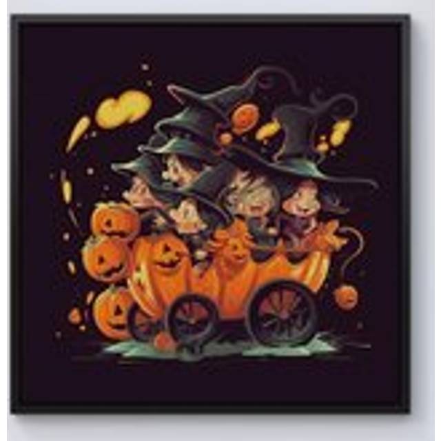 Cartoon Illustrations A Magical Pumpkin Carriage With Framed Canvas - Black - w10_inch_x_h10_inch