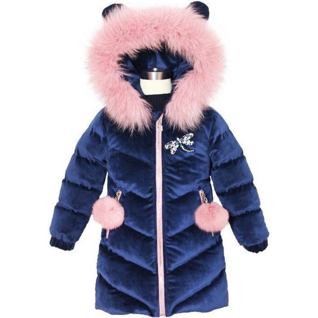 (Dark Blue, 7-8 Years) Kids Girls Velvet Fur Coat Padded Winter Jackets