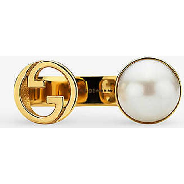 Gucci Womens Yellow Gold Blondie Interlocking G-charm Open-band Gold-toned Metal and Crystal Ring P - YELLOW GOLD