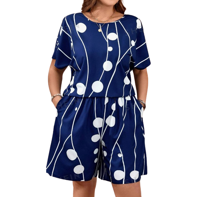 Plus size damtryckt lös passform ficka Casual kortärmad tvådelad för våren - Blått och Vitt (0XL,1XL,2XL,3XL,4XL,5XL)