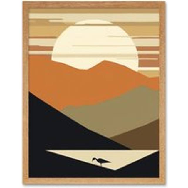 Wall Art Print Lakeside Mountain Sunset Boho Minimalism Landscape Art Framed - Tan - W12 inch x H16 inch