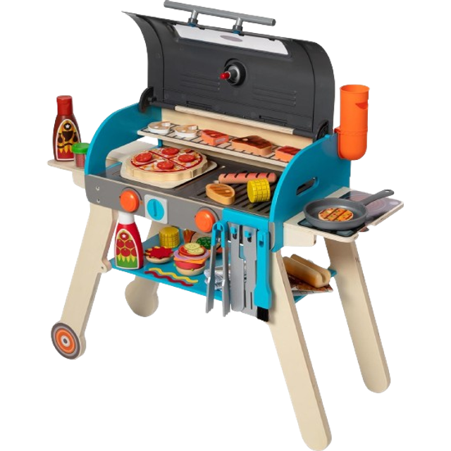 Melissa & Doug Deluxe Barbecuegrill, varmrökare och pizzaugn matleksak, låtsasmatlagning för barn