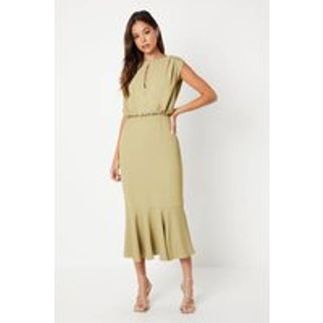 Drape Crepe Blouson Flute Hem Midi Wedding Guest Dress - Olive - 8