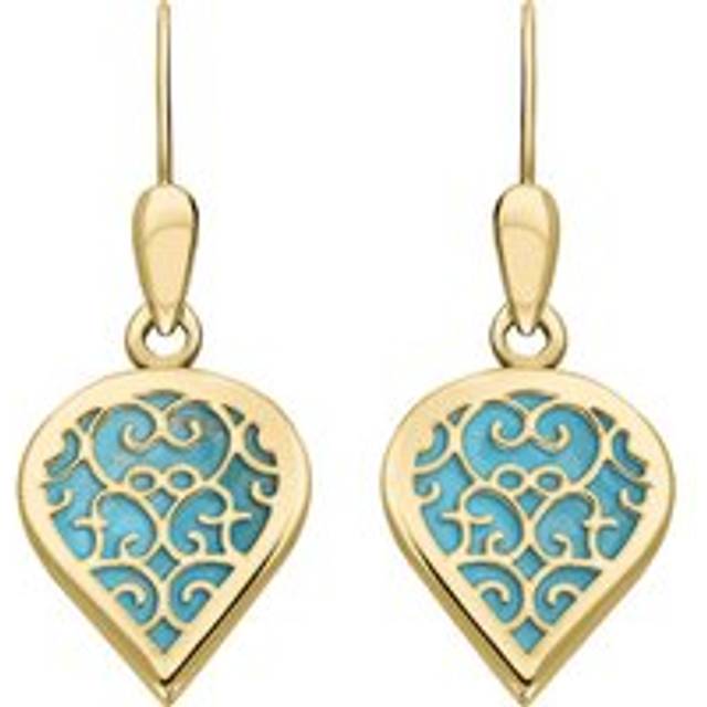 18ct Yellow Gold Turquoise Flore Filigree Heart Drop Earrings