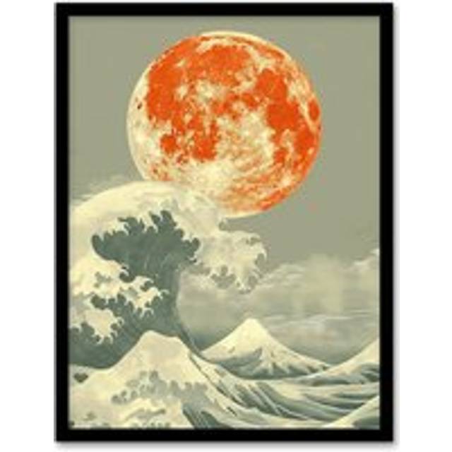 Bright Orange Moon Over Ocean Waves Japanese Edo Framed Art Print - W12 inch x H16 inch