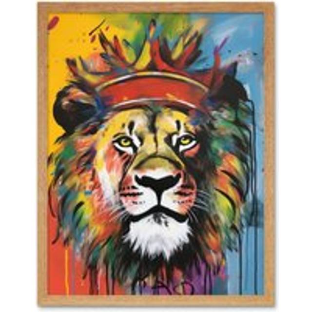 Wall Art Print King of the Jungle Lion with Crown Modern Pop Art Framed - Brown - W12 inch x H16 inch