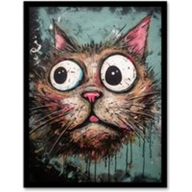 Wall Art Print Graffiti Street Art Bug Eyed Cat Artwork By Tom Jones Art Framed - Multi - W12 inch x H16 inch