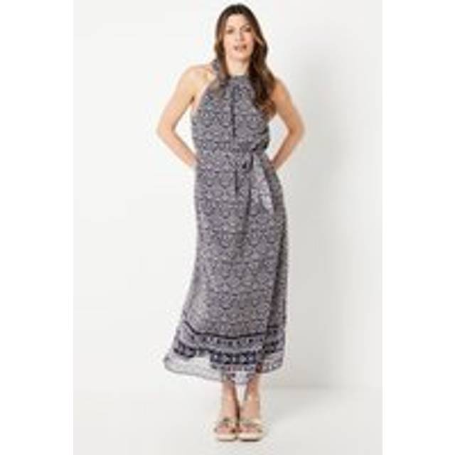 Navy Tile Border Print Belted Midi Dress - 16