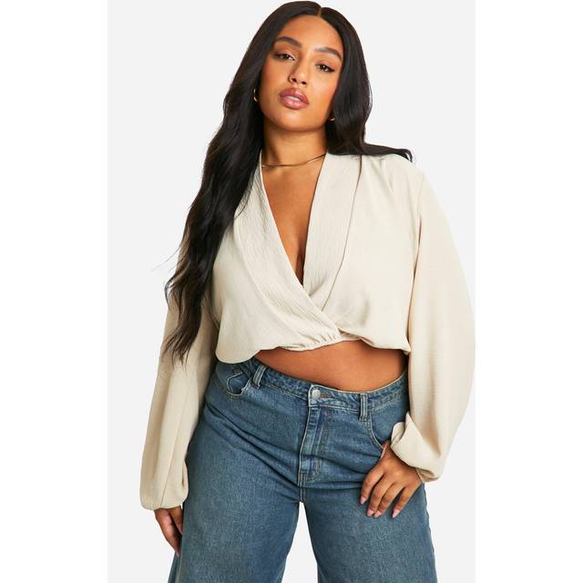 Womens Plus Wrap Plunge Elasticated Waist Blouse - Beige - 18, Beige
