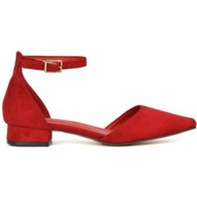 'Jenny' Low Heel Flat Pointed Toe Ankle Strap Court Shoes - Red - 7