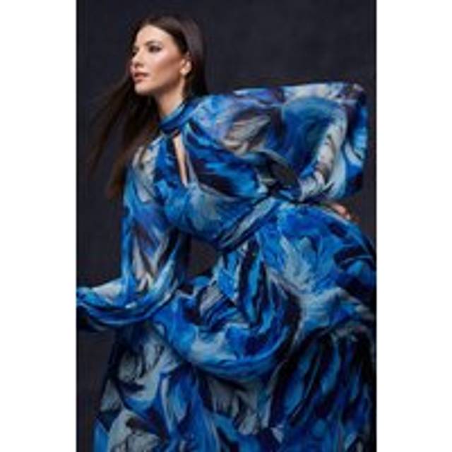 Womens Feather Print Tie Back Midi Dress - Blue - 12