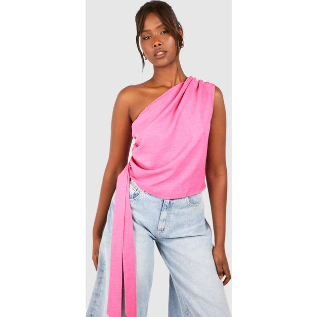 Womens Linen Look Asymmetric Ruched Blouse - Pink - 6