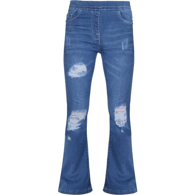 (9-10 Years, Mid Blue) Girls Denim Stretchy Flared Bell Ripped Jeans