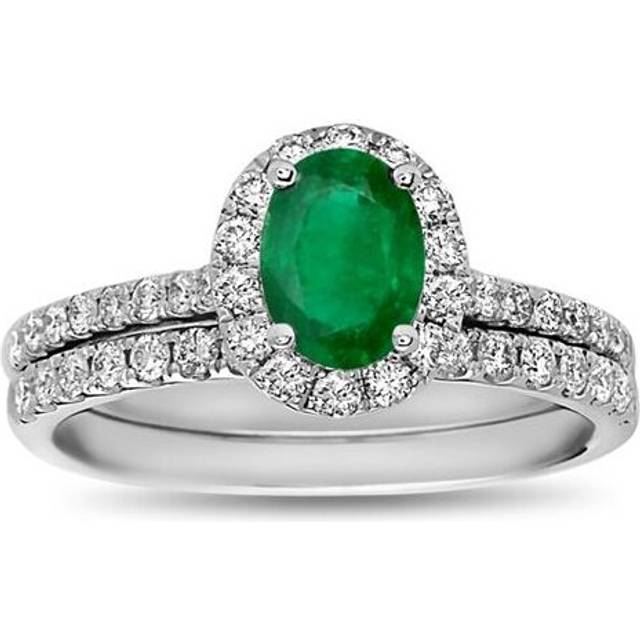 Diamond & Emerald Engagement Ring Set, 14K White - Size 4.5