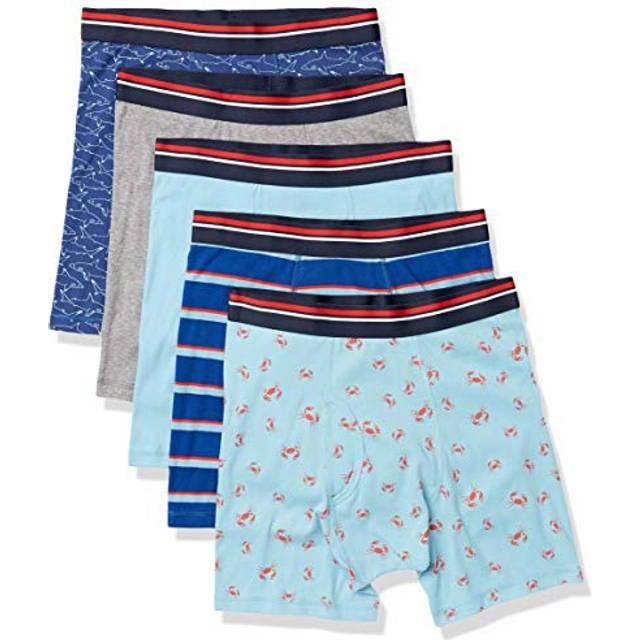Amazon Essentials Men's Märkesfria boxertrosor, Pack of 5, Blå Rand/Grå ljung/Hajar/Krabbor/Ljusblå, L