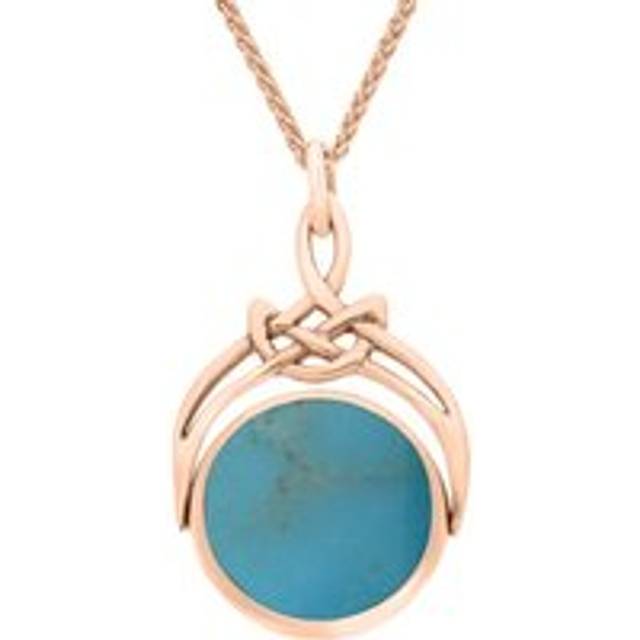 9ct Rose Gold Whitby Jet Turquoise Round Swivel Fob Necklace - Gold
