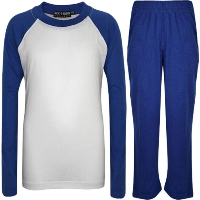 (3-4 Years) Kids Girls Boys Pyjamas Designer Plain Royal Blue Contrast Sleeves Nightwear PJS