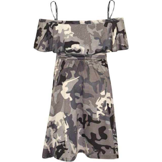 (7-8 Years, Camo Charcoal) Girls Skater Dress Kids Floral Print Summer Party Off Shoulder Dresses 7-13 Yr