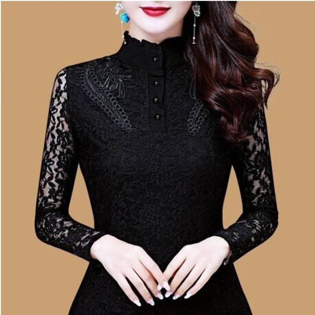 (M, Black) Women Spring Autumn Style Slim Lace Blouses Shirts Lady Casual Long Sleeve Turtleneck Flower Printed Lace Blusas Tops DD8199