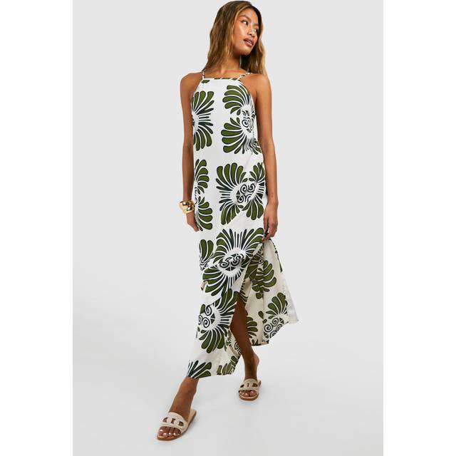 Womens High Neck Patterned Maxi Dress - White - 8
