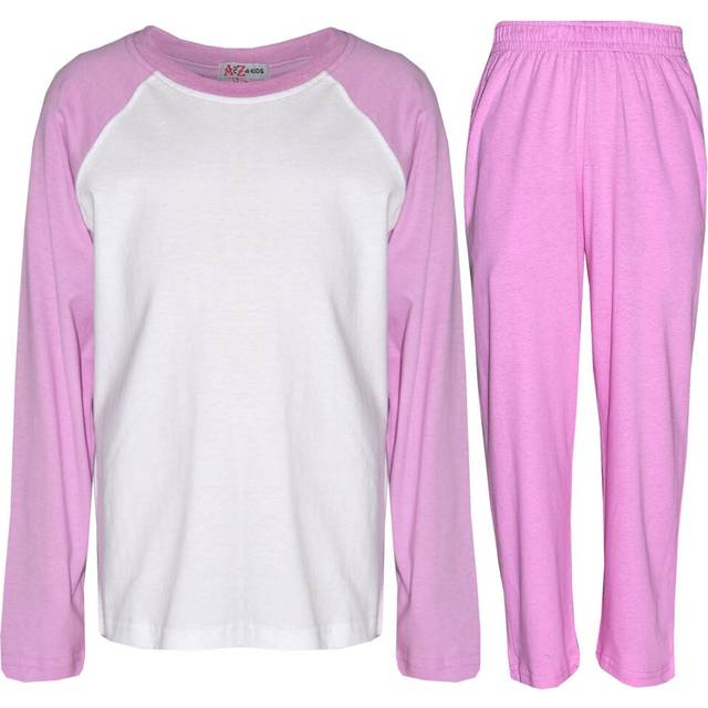 (5-6 Years) Kids Girls Pyjamas Designer Plain Baby Pink Contrast Sleeves Nightwear PJS 2-13Y