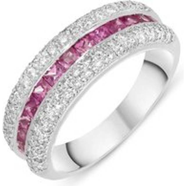 18ct White Gold Diamond Pink Sapphire Three Row Ring - White Gold
