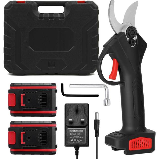 (2 battery UK Plug) 21V Cordless Electric Pruning Shear Rechargeable 1200mAh Lithium Battery Charger Powered Tree Branch Pruner Garden Clippers 30mm