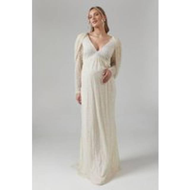 Maternity Cowl Back Long Sleeve Embellished Wedding Dress - Ecru - 8