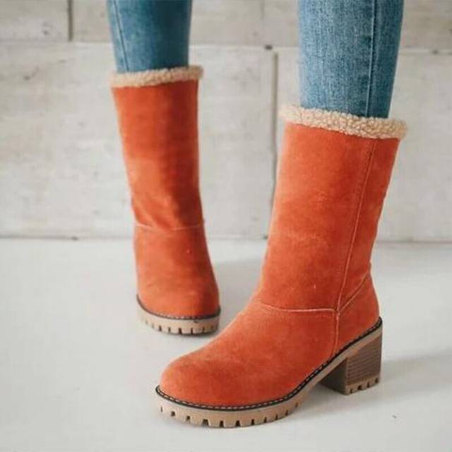 (Orange, 6) Women's Suede Snow Boots Heeled Shoes Fur Lined High Top Winter Warmer Anti-Slip