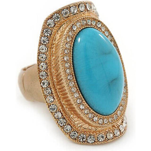 Turquoise style resin, diamante oval flex ring in brushed gold finish - 37mm