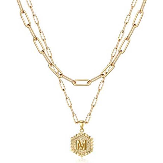 M MOOHAM Dainty Layering Initial Necklaces for Women Trendy - Necklaces for Women Cute Hexagon Letter Initial M Necklace Choker Necklaces Gold Layered