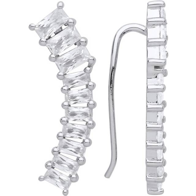 Jewelco London Ladies Sterling Silver Baguette Cubic Zirconia Curved Eternity Line Cuff Drop Earrings - GVE869