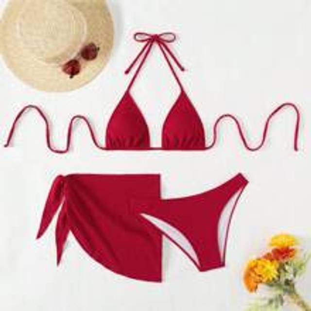 2025 Dam Sommar Strand Enfärgad Halter Tie-Up Sexig bikiniset med täckkjol, 3 st set - Röd (L,M,S,XL)