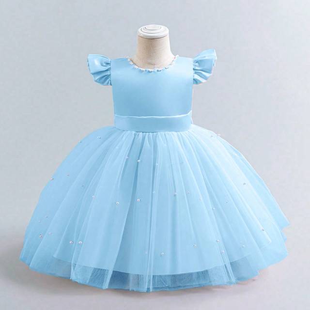 H HIBOBI Baby Girl Flutter Sleeve Mesh Contrast Dress With Beaded Bow Decoration
