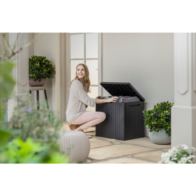 City 30 Gallon Resin Deck Box for Patio Furniture, Pool Accessories, and Storage for Outdoor Toys, Graphite