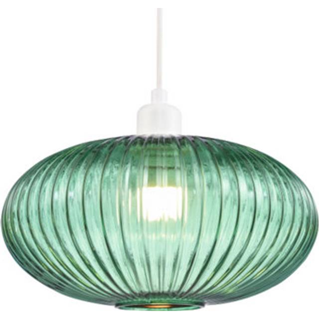Modern Designer Emerald Forest Green Line Ribbed Glass Oval Pendant Lamp Shade, Green