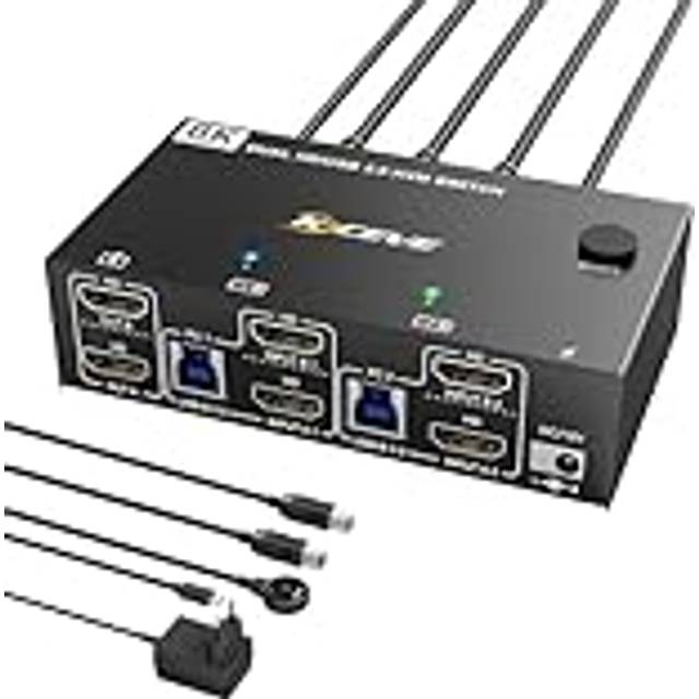 YOUTINGHDAV USB 3.0 KVM-switch 2 PC 2 bildskärmar HDMI 8K@60Hz 4K@120 Hz, dubbel skärm KVM-switch HDMI 2.1 delar mus tangentbord, med 2 USB 3.0-kablar och Wired Remote