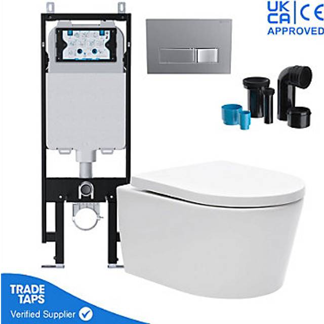 Luxury Wall Hung Rimless Toilet Pan with viva Slim Concealed Cistern Frame 1.14-1.35m & Square Chrome Flush Plate