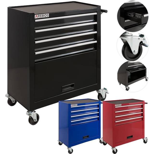 AREBOS 4-Drawer +Compartment Tool Cabinet Garage Tool Chest with Wheels Workshop Tool Storage Lockable Black